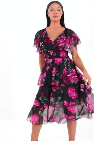 Buy Quiz Black Pink Floral Chiffon Tiered Midi Dress from Next Luxembourg