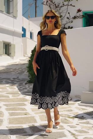 Sosandar Black Embroidered Hem Square Neckline Jersey 100% Cotton Midi Dress - Image 2 of 6
