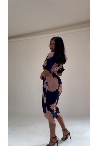 Girl In Mind Navy blue floral Short Sleeve Chelsea Wrap Dress - Image 2 of 5 Girl In Mind Navy blue floral Short Sleeve Chelsea Wrap Dress - Image 2 of 5