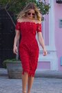 Sosandar Red Bardot Guipure Lace Dress - Image 2 of 5