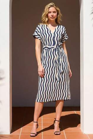 Roman Blue Wave Print Belted Midi Dress - Image 2 of 6