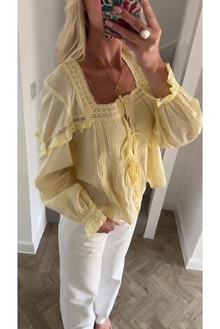Yellow 100% Cotton Prairie Style Long Sleeve Blouse with Adjustable Tie - Image 2 of 8