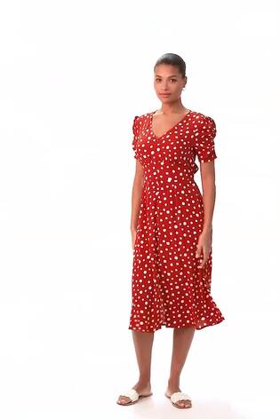 Roman Orange Polka Dot Ruched Sleeve Midi Dress - Image 2 of 6