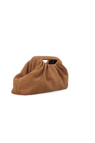 Suede Croc-Embossed Pouch Clutch Bag in Tan - Image 2 of 8
