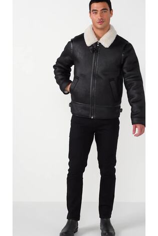 Schwarz - Lederimitat-Jacke mit Lammfell-Imitat - Bild 2 von 12