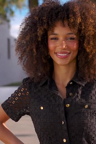 Sosandar Black Broderie Mini Shirt Dress - Image 2 of 6