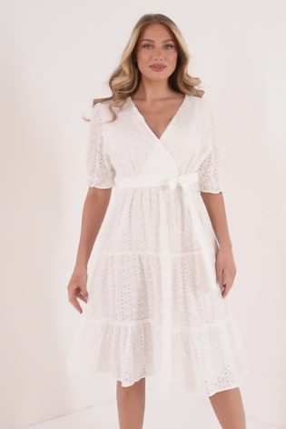 Quiz White Embroidered Wrap Tiered Midi Dress - Image 2 of 6