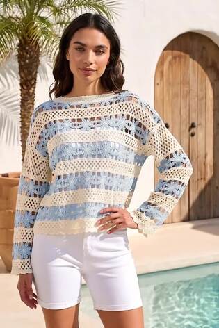Roman Blue Floral Stripe Crochet Knit Jumper - Image 2 of 5