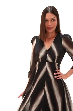 Roman Black Stripe Print V-Neck Hanky Hem Midi Dress - Image 2 of 6 Roman Black Stripe Print V-Neck Hanky Hem Midi Dress - Image 2 of 6
