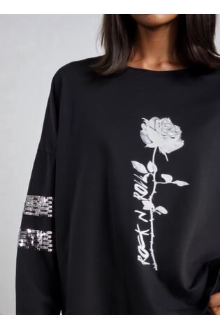 Religion Black Long Sleeve Iris Top With Rose Graphic And Embellished Sleeves - Image 2 of 5
