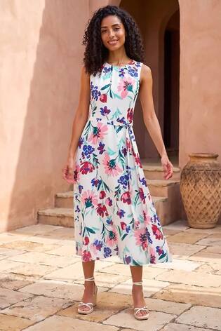 Roman White Pleat Neck Floral Midi Dress - Image 2 of 7