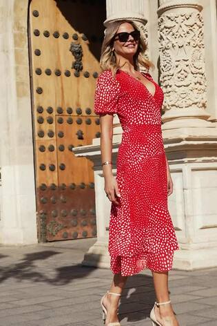 Red spot wrap dress outlet