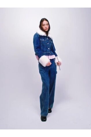 Mid Wash Blue Sandy Liang Vegan Fur Crop Denim Jacket - Image 2 of 5