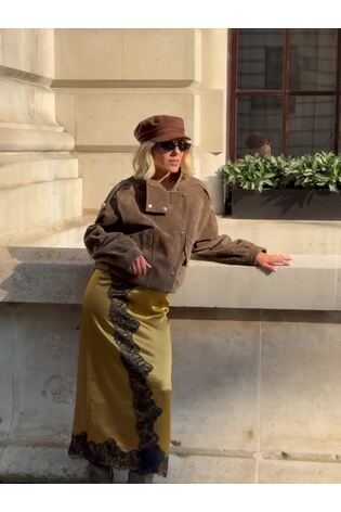 Friends Like These X Mollie King Olive Green Lace Trim Slash Neck Satin Midi Dress - Image 2 of 7