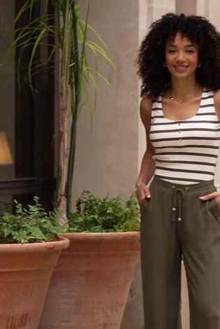 Sosandar Green Linen Blend Drawstring Waist Wide Leg Trousers - Image 2 of 6