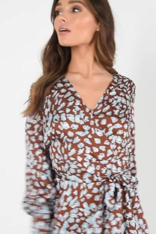 Quiz Brown Animal Print Satin Dip Hem Dress - Image 2 of 6