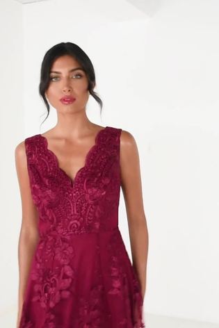 Quiz Red Lace Bardot Dip Hem Dress - Image 2 of 6