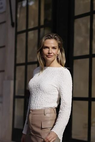 Sosandar Cream Textured Fluted Sleeve Jersey Top - Image 2 of 6