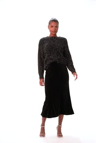 Roman Black Velvet Elastic Waist Tulip A-line Skirt - Image 2 of 6