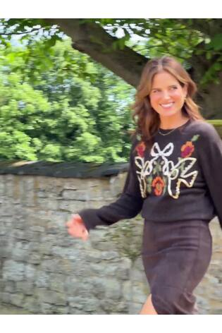 Love & Roses X Binky Chocolate Bow and Bird Embroidered Detail Crew Neck Cosy Jumper - Image 2 of 5