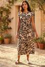 Roman Brown Animal Print Gathered Waist Midi Dress - Image 2 of 6