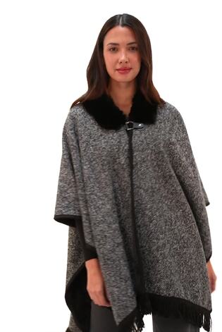 Roman Grey Faux Fur Fringe Hem Poncho - Image 2 of 6