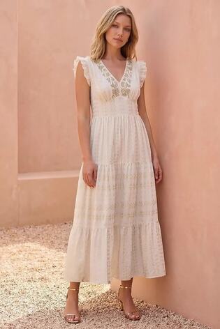 Roman White Brocade Frill V-Neck Midi Dress - Image 2 of 5