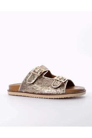 Dune London Gold Lequin Double Buckle Footbed Sandals