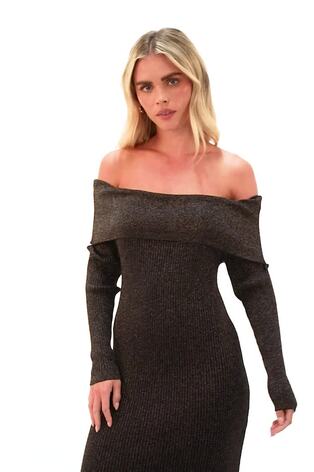 Roman Black Petite Metallic Knit Bardot Midi Dress - Image 2 of 6