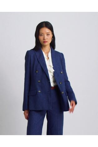 Lauren Ralph Lauren Blue Ryen Pinstripe Double Breasted Linen Blazer - Image 2 of 9