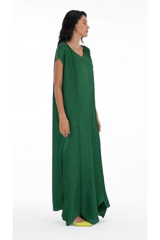 leem Green Double V-Neck Herringbone Effect Pliss Kaftan - Image 2 of 6