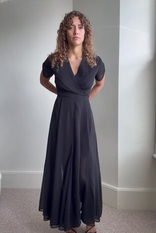 Religion Black Wrap Maxi Dress with Full Skirt In Soft Georgette - Image 2 of 7