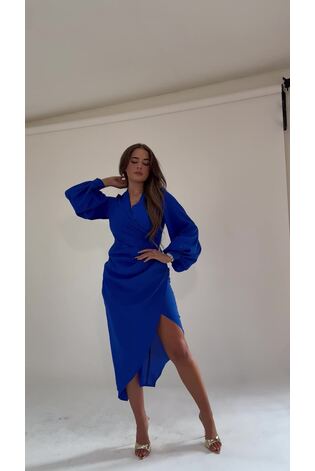 Buy Girl In Mind Cobalt Blue Petite Elsa Long Sleeve Wrap Asymmetric Dress from Next Luxembourg