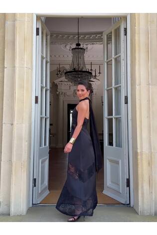 Lipsy x Gemma Owen Black Satin Lace Mix Maxi Dress - Image 2 of 7