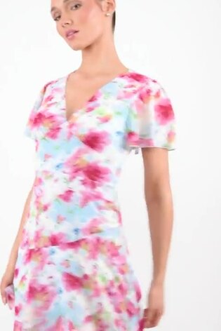 Quiz Pink Floral Chiffon Maxi Dress with Frill and Angel Short Sleeve - Image 2 of 5