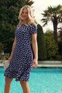 Sosandar Blue Spot Print Cap Sleeve Jersey Shift Dress - Image 2 of 6