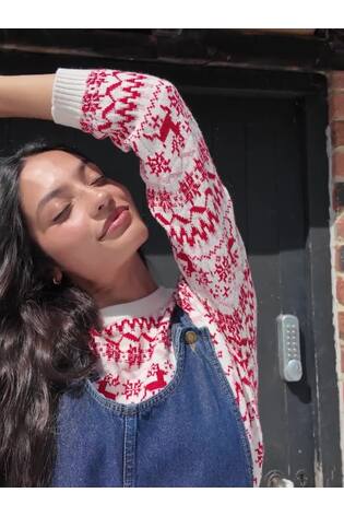 FatFace Renee Red Reindeer Fairisle Knitted Crew Jumper - Image 2 of 6