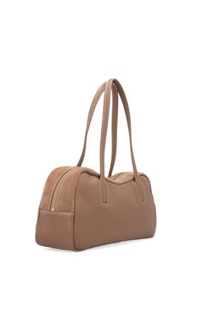 Suede and Leather Bowling Bag in Taupe - Image 2 of 7