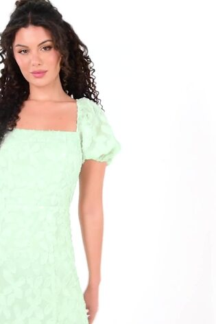 Quiz Sage Green Jacquard Puff Sleeve Midi Dress - Image 2 of 5