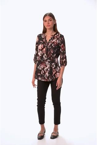 Roman Brown Textured Abstract Print V-Neck Stretch Top - Image 2 of 6