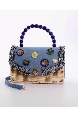 Dune London Blue Blooms Flower Bead Top Handle Bag