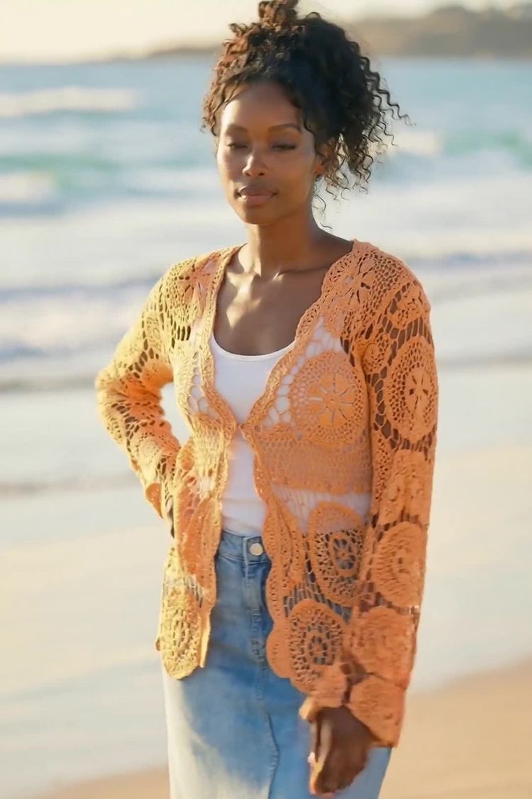 Buy Roman Orange 100% Cotton Crochet Tie Front Knit Cardigan from