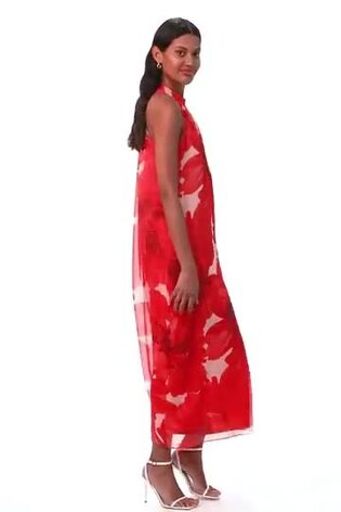 Roman Red Floral Print Halterneck Midi Dress - Image 2 of 6