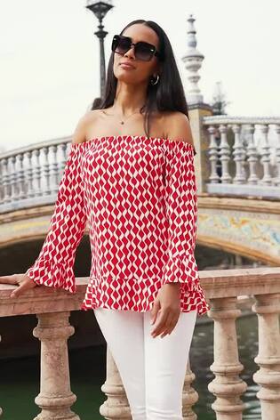 Red and white bardot top clearance