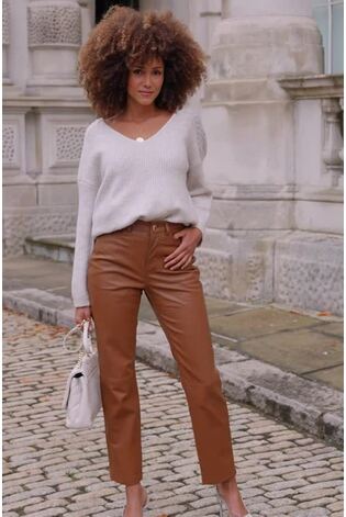 Sosandar Brown Chrome Leather Straight Leg Trousers