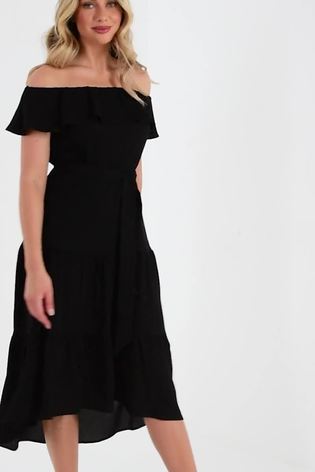 Quiz black wrap bardot dip hem dress shop