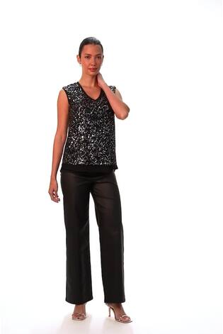 Roman Black Sequin V-Neck Tunic Stretch Top - Image 2 of 6