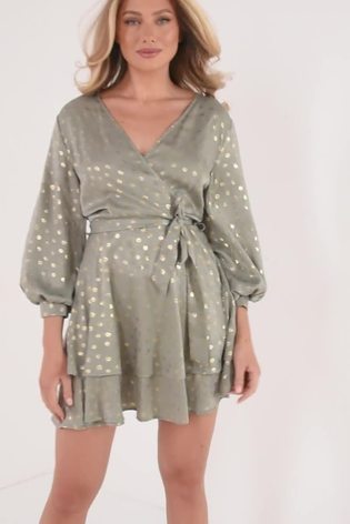 Quiz Green Satin 3/4 Sleeves Skater Dress - Image 2 of 6