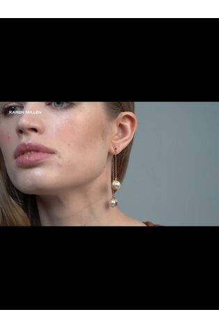 Karen Millen Gold Tone Logo Pearl Double Drop Earrings - Image 2 of 6