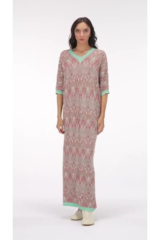 Leem Orange Jacquard Knit Kaftan Maxi Dress With Contrast Rib - Image 2 of 5